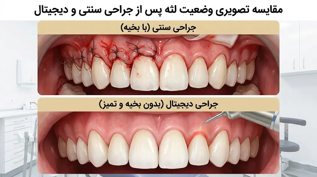 مقایسه لثه پس از جراحی سنتی (با بخیه) و جراحی دیجیتال (بدون بخیه و تمیز)